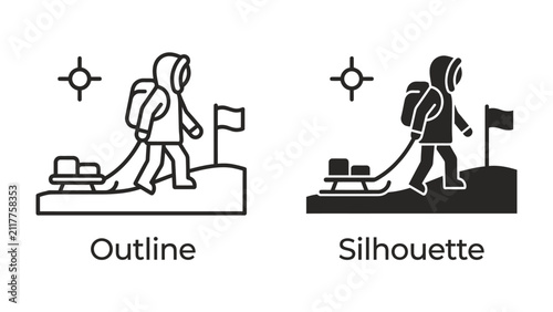 Foto Arctic Explorer Icon Set: This set features two stylized icons depicting an astronaut on an alien planet, one in outline and the other in silhouette, pulling a sled with supplies, stars in the sky