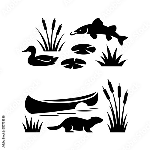 Illustration of aquatic animals in natural pond setting. Artistic vector drawing of fish, duck, and crocodile in water scene.
