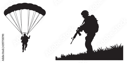 Obraz na płótnie Set of two military icons featuring parachutist soldier descending and infantry soldier with rifle standing in grass for army themed design