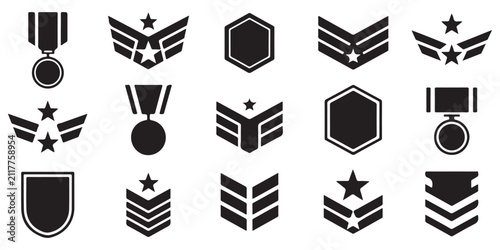 Cuadro en lienzo Military rank insignia collection featuring black silhouette icons for army navy air force and marine corps chevron symbols for soldiers