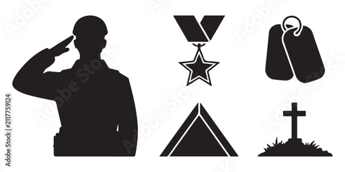 Fotografía Military and memorial vector icon set featuring a soldier saluting, medal, dog tags, grave, and other related symbols