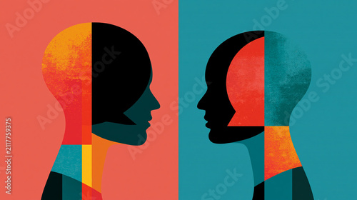 Colorful human silhouettes conversing in minimalist flat illustration with coral and teal background highlighting mental health and communication