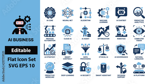 AI Business Flat Icon Set for Enterprise Automation and Intelligent Solutions