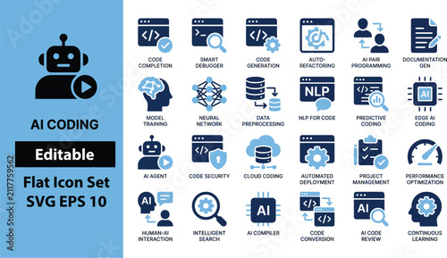 AI Coding Flat Icon Set for Software Development and Programming Tools