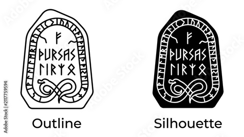 Cuadro en lienzo Runic Symbol Outline and Silhouette: Two variations of an ancient runic symbol, one as an outline and the other as a stark silhouette, featuring intricate carvings and a coiled serpent motif