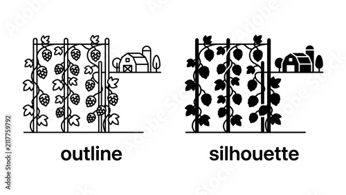 Fotografie Garden Trellis with Tomatoes and Farm: Two artistic representations, an outline and a silhouette, depict a garden trellis laden with ripe tomatoes, alongside stylized farm buildings