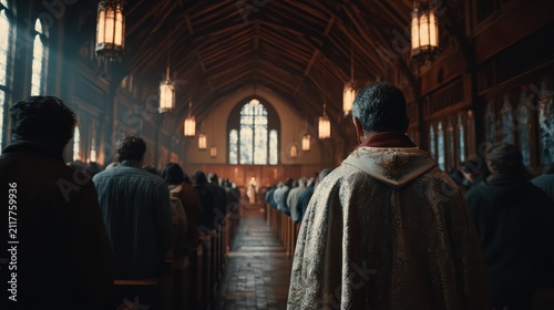 Ash Wednesday mass, church interior with priest in focus, parishioners lined up to receive ashes, cinematic depth of field, realistic 8k 