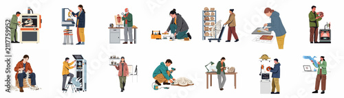 Bild auf Leinwand Flat vector illustrations of paleontologists using 3D printers, scanners, and traditional tools to study, restore, and replicate dinosaur fossils and ancient remains