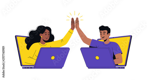 Remote Teamwork Concept with Man and Woman Giving Virtual High Five from Laptop Screens