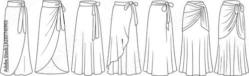 Quadro su tela Black and white of seven long dresses with varying sleeve styles neckline