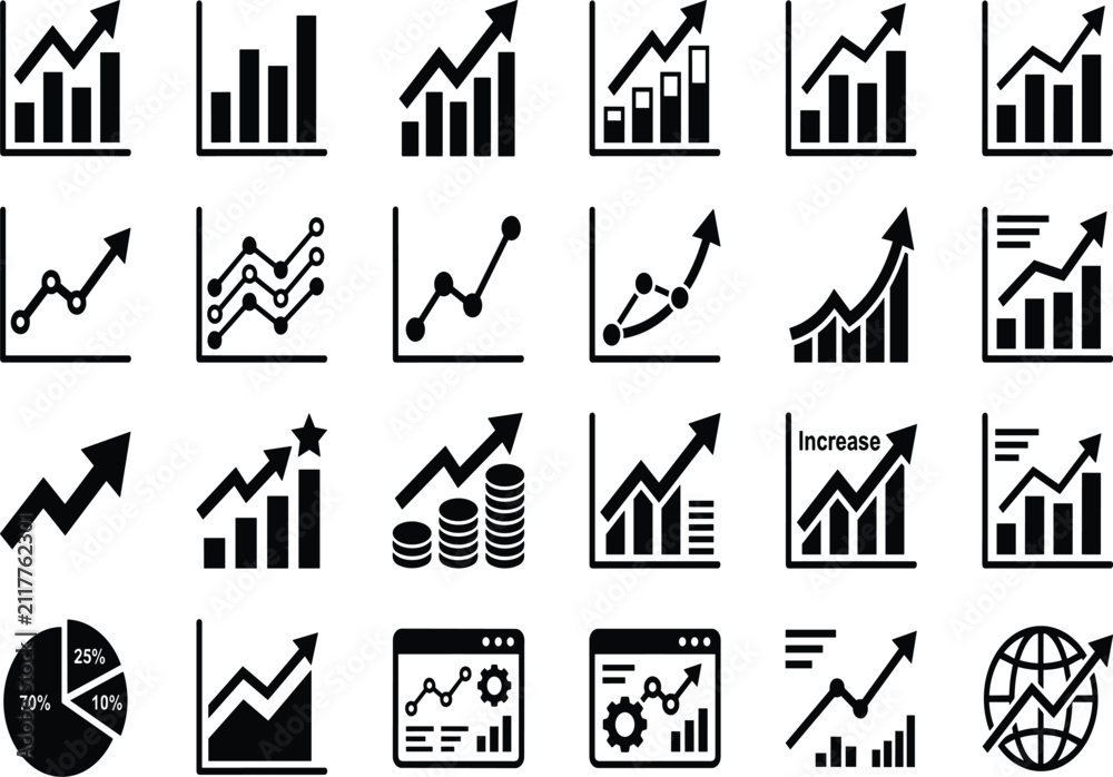 Fototapeta premium Set of black business finance growth chart and data analytics icons isolated on white background