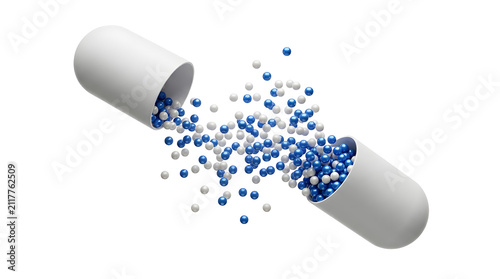 3D medical capsule releasing blue particles and beads. Digital pill design with scattered supplement granules for pharmaceutical visualization.