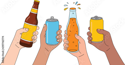 Obraz na płótnie Four Hands Holding Up Drinks in a Toast Celebration