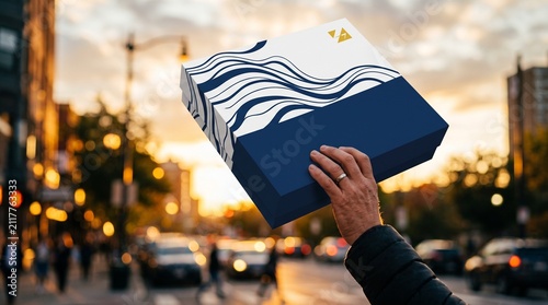 A hand holds up a stylish white and navy blue gift box with abstract wavy lines against a blurred urban street scene at sunset, symbolizing celebration, luxury, and gifting.