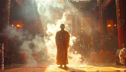 Buddhist monks in saffron robes performing a sacred ritual inside a temple, with incense smoke and sunbeams illuminating the scene.