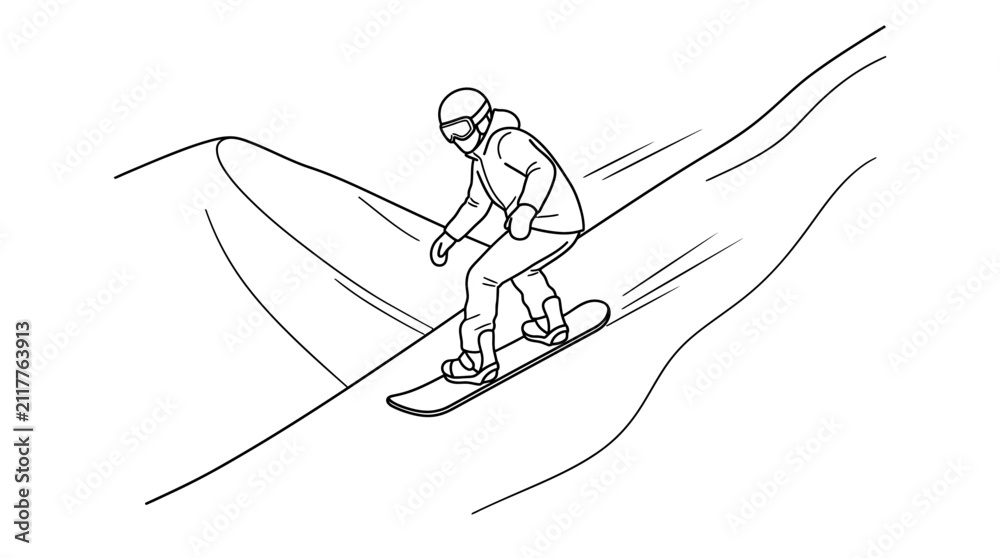 Obraz premium Snowboarder descending snowy mountain slope line art.
