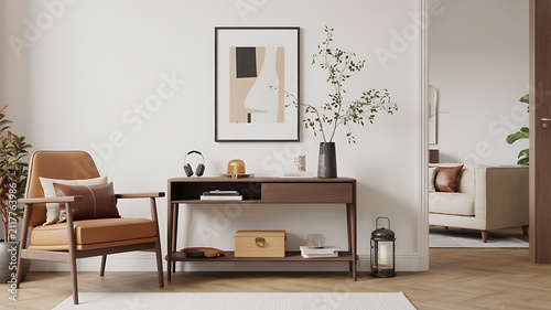 Modern Minimalist Living Room Interior with Leather Armchair and Wooden Console Table