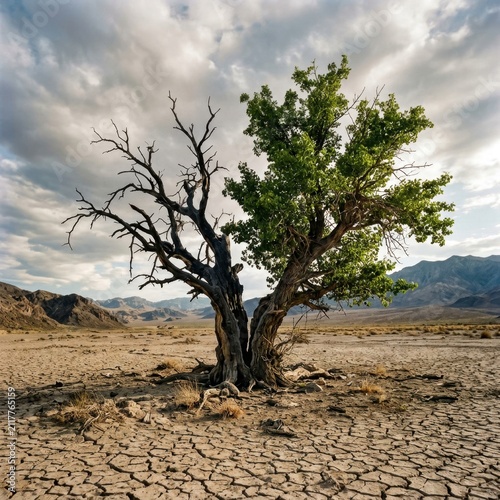 Contrasting dead and green trees in parched desert landscape.