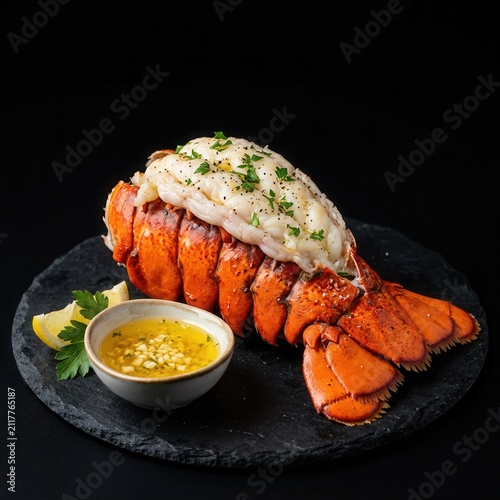 Cooked lobster tail served with butter sauce platter.