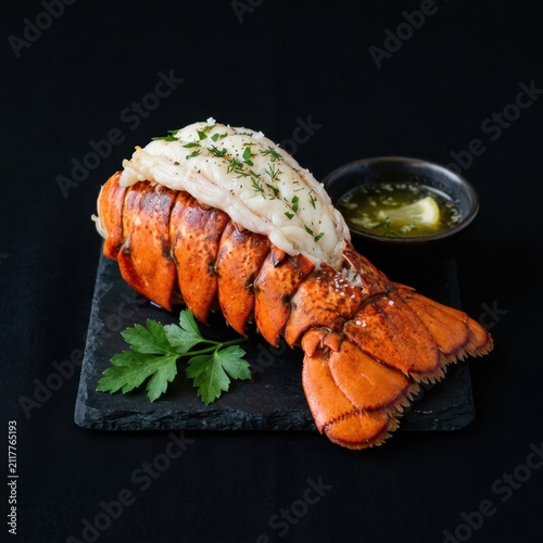 Cooked lobster tail with butter on slate plate.