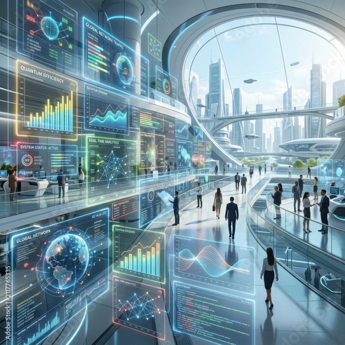 Corporate lobby with integrated digital data screens.