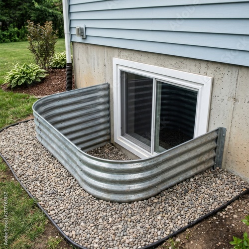 Corrugated metal basement window well installation.
