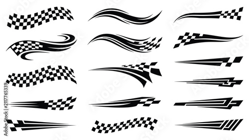 Wavy checkered flag decal set with speed racing stripes car vinyl graphic vector illustration