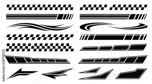 Car racing stripe decal set with checkered flag speed lines vehicle wrap vector illustration