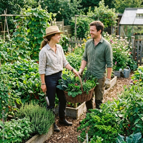 Couple harvesting fresh vegetables in lush garden.