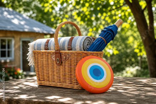 Woven picnic basket with blanket, umbrella and frisbee, summer leisure bundle concept.