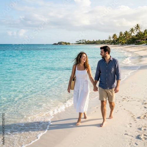 Couple walking hand-in-hand on tropical beach shore.