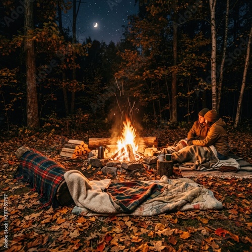 Couple sitting by campfire in autumn forest at night.