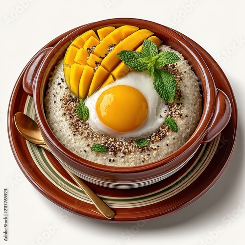 Creamy Porridge Breakfast Bowl with Fried Egg, Mango, and Mint