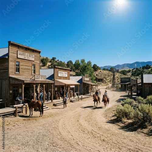 Cowboy riding horse through historic wild west town.