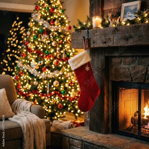 Cozy Christmas fireplace with lit tree and stocking.