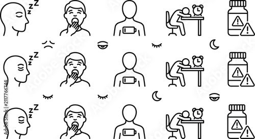 Quadro su tela Sleep deprivation and chronic fatigue line icon set featuring yawning person low battery energy level insomnia burnout head pill bottle warning signs vector