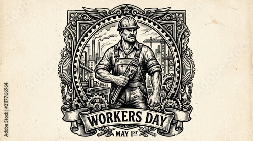 Vintage Industrial Worker Illustration for Workers Day Celebration.
