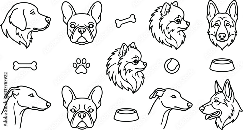 Obraz premium Dogs and Pet Items Illustration with Various Breeds and Accessories Featuring Dog, Breed, Bone with Paw