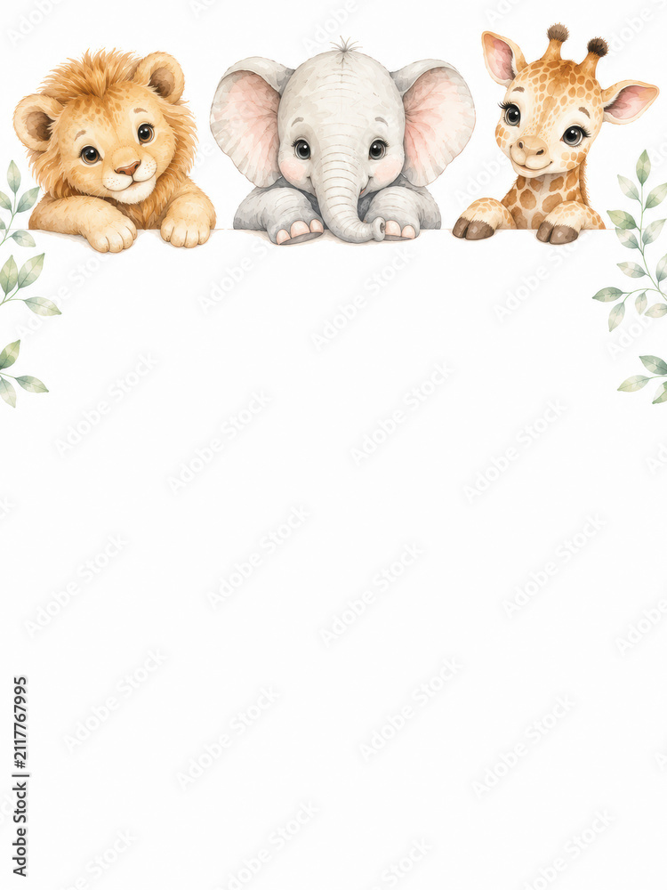 Obraz premium Cute watercolor safari animal frame with lion, elephant and giraffe surrounded by green leaves creating a charming border with copy space for baby shower invitations and nursery designs