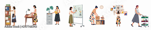 Vector set of professional women organizing and working in various office settings, illustrating productivity and workspace management in a flat design style.