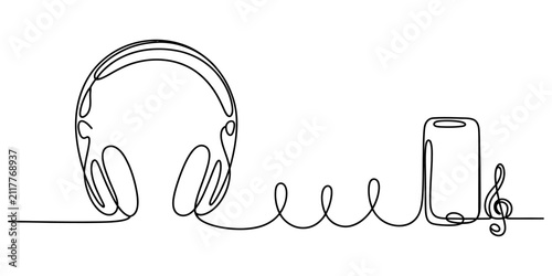 Continuous single line drawing of headphones connected to a smartphone and a musical note symbol for listening audio Vector, illustration