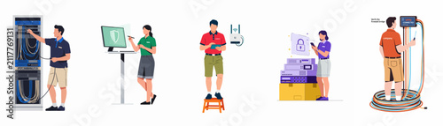 A set of flat vector illustrations depicting IT professionals working on networking, server maintenance, cybersecurity, and telecommunications infrastructure.