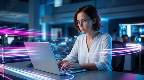Blurred motion effects for technology and innovation themes featuring a young woman working on a laptop in a modern office environment with vibrant neon lights