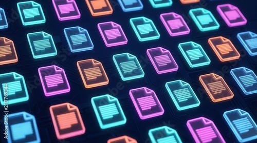 Modern dark background featuring abstract glowing file icons that symbolize organization and digital information management.