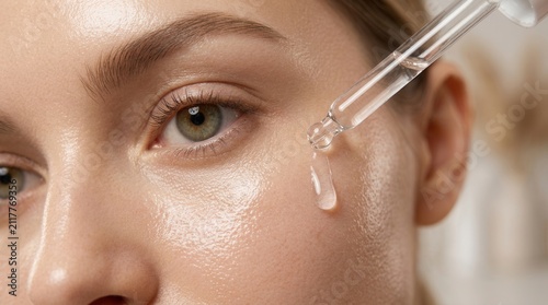 Young woman's glowing skin receiving a cosmetic serum drop from a dropper in a close-up shot