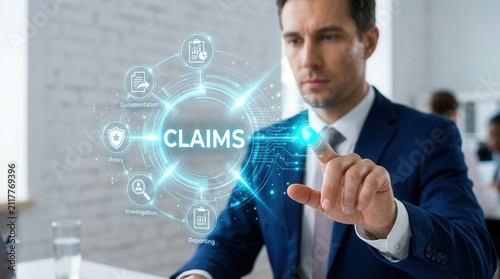 Virtual interface showing insurance claims concept as businessman presses a button for digital management and processing