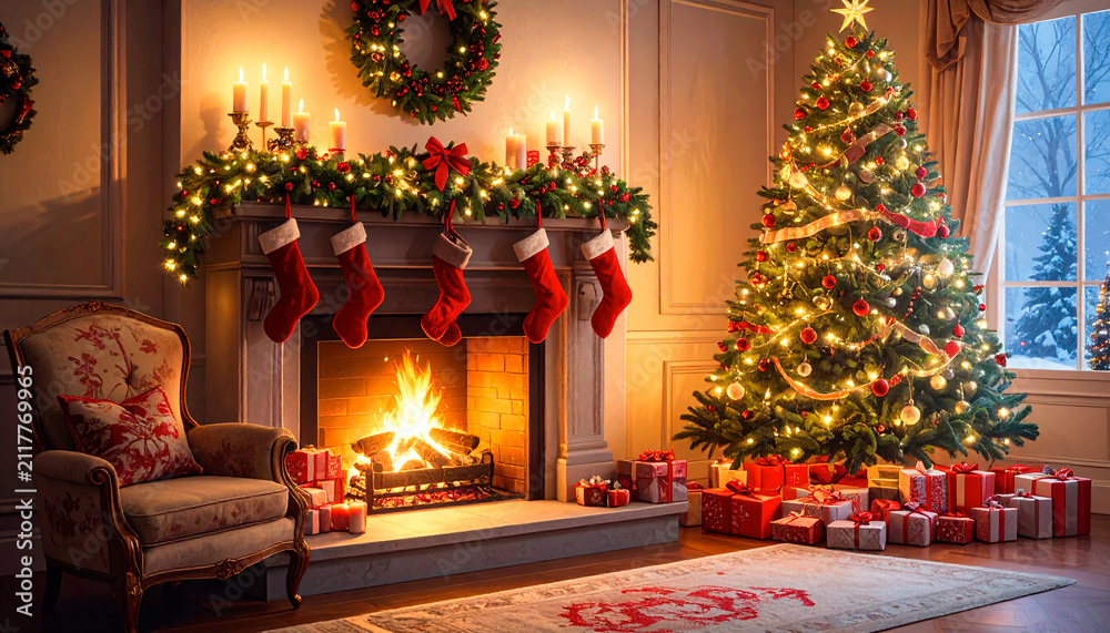 Obraz premium Cozy Living Room With Decorated Holiday Tree Glowing Fireplace And Stockings In Warm Golden Lighting