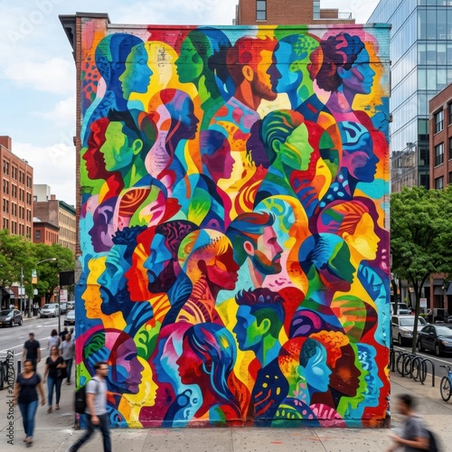 Colorful mural of overlapping faces on city building wall.