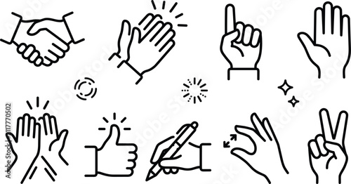 Human hands gestures vector line icon set featuring handshake clapping applause high five thumbs up writing pen pointing finger victory sign and open palm.