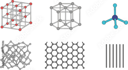 Molecular Crystal Lattice Structure Vector Set Featuring Diamond Carbon Grid Graphene Hexagonal Layer Cubic Matrix and Tetrahedral Chemical Bonding Chemistry Diagrams